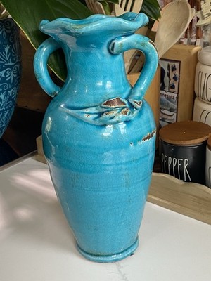 Vintage Turquoise Crackle Glazed Terracotta Amphora Vase Double Handle 11.5 