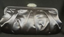 New Dark Grey Satin With Crystal Closure Evening Clutch Bag -Fits Iphone