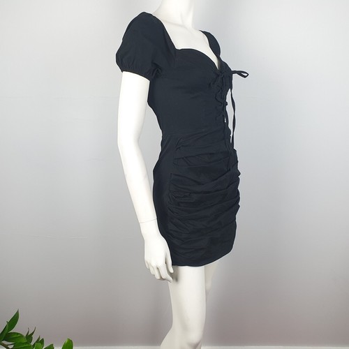 Babyboo Size S Mini Dress LBD Ruched Skirt Cap Sleeve V Neck With Tie Women Club - Picture 8 of 13