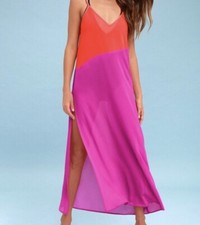 Lulus NWT Seaside Retreat Coral Red Magenta Maxi Swimsuit Cover-up Medium Dress