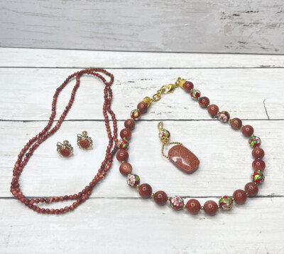 Goldstone Jewelry Lot Necklaces Pendant Earrings Goldstone And Enamel Vintage