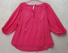 LC Lauren Conrad Blouse Women's Small Pink Sheer Embroidered Floral Drawstring