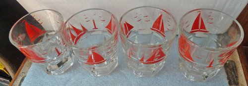 4 Vtg Shot Glasses Red Sailboats - Picture 2 of 3