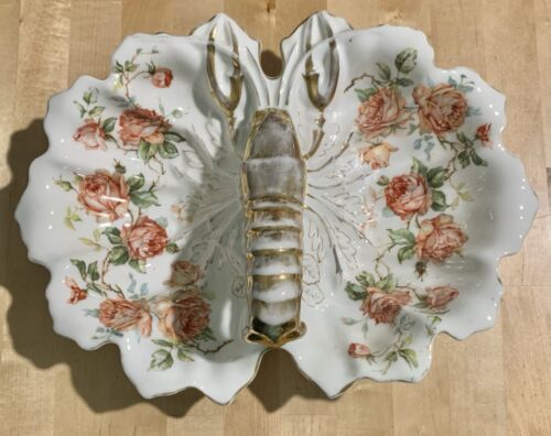 GORGEOUS ANTIQUE GERMAN LOBSTER BOWL WITH LOBSTER HANDLE!! FLORAL