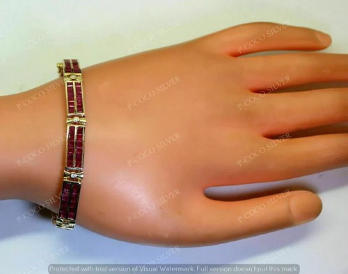 10Ct Estate 14K Yellow Gold Plated Princess Cut Red Ruby Gift Bracelet 7.5/8 - Picture 5 of 6