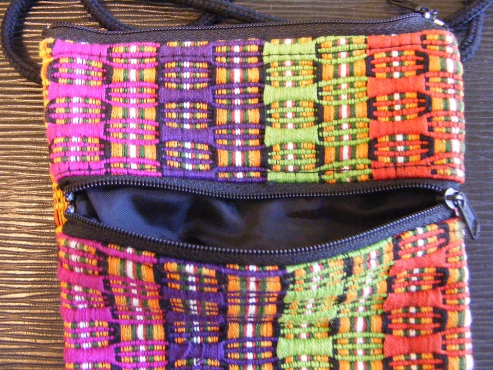 Vintage Handbag Crossbody Purse Crocheted Pink Purple Linen Fringe 1-E - Image 3 of 4