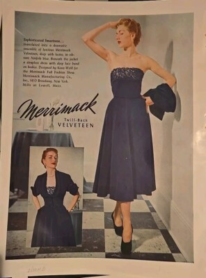 1950 Womens Kane-Weill blue Merrimack velveteen dress vintage fashion Ad 