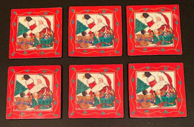 Vintage Christmas Santa Cork Backing Coasters Set Of 6 - Very Good!