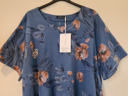Made In Italy Tunic Top blue Floral Linen with Pockets One Size Plus UK 16-20 - Picture 2 of 11