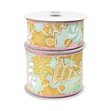 Christmas Gingerbread Cookies Satin Wired Ribbon, 10-yard