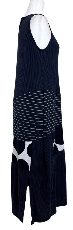 Maxi Vestido Alembika Sin Mangas Rayas Lunares Azul Marino Lagenlook Talla 10-12 Foto 2 de 4