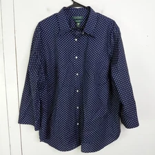 Lauren Ralph Lauren Shirt Womens 3X Polka Dot Navy Non Iron Preppy Button Up