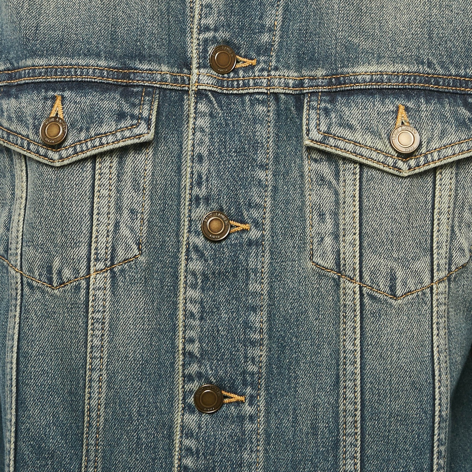 Giacca Saint Laurent blu denim lavato colletto pelle bordata L