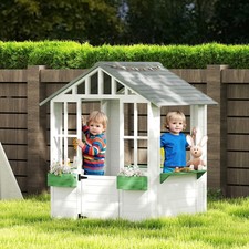 Kids Outdoor Wooden Playhouse, w/ Door Windows Flower Pot Holder, White