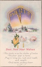 Clock Striking Midnight Bells Holly Winter Embossed New Year Vtg Postcard I51