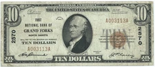 1929 $10 NATIONAL BANKNOTE = FIRST NATIONAL BANK of GRAND FORKS, NORTH DAKOTA