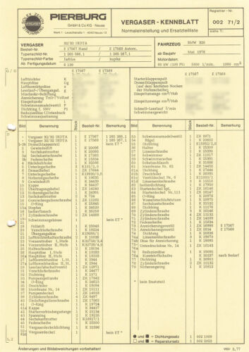 Einstelldaten Datenblatt Ersatzteilliste BMW 320 Solex DIDTA Vergaser 1265266.1 - Bild 1 von 2