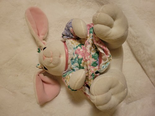 Vintage 1995 Easter Bunny Plush Velveteen Rabbit Floral Dress Bow Stuffed GIRL - Picture 5 of 9