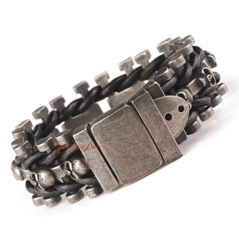 Men's Retro Gunmetal Stainless Steel Skulls Black Leather Bracelet