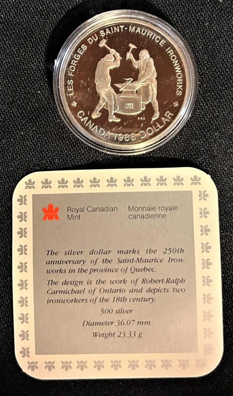 1988 CANADA .500 SILVER $1 PROOF COIN 250th ANNIV SAINT-MAURICE IRON +CASE/SPECS