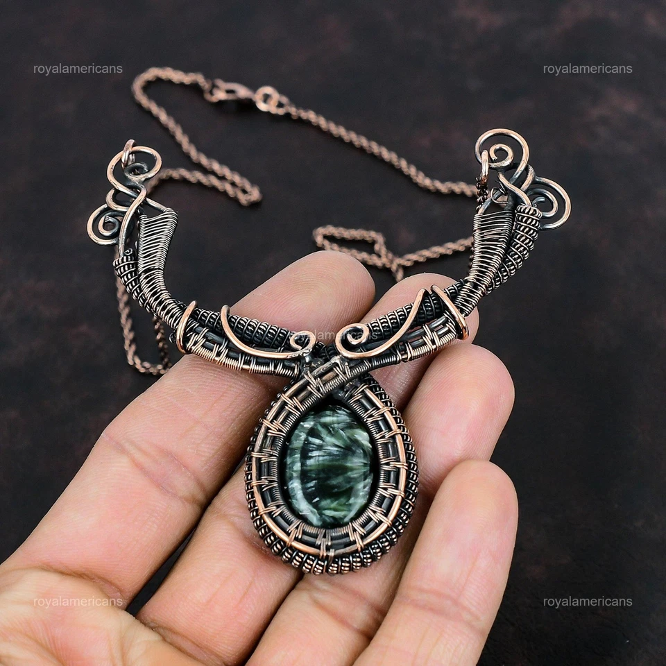 Collar de cadena envuelto en alambre regalo amor cobre piedras preciosas de serafinita 18,0" Foto 4 de 4