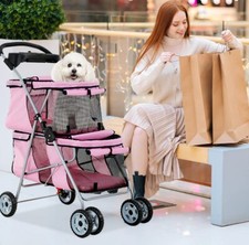 4 Wheels 2 Cages Dog Cat Stroller Travel Folding Pet Carrier Bag Jogger Stroller