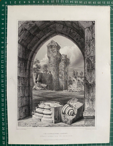 1848 Estampado antiguo; Crossraguel Abbey Gateway, Maybole, Ayrshire después de Billings - Imagen 2 de 2