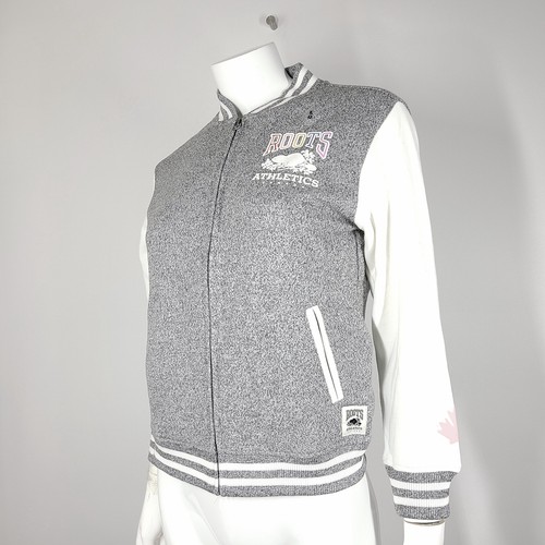 Roots Canada Kids Oversized Varsity Jacket Fleece Relaxed Fit Gray White L NWT - Picture 2 of 8