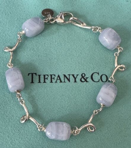 Tiffany & Co Blue Lace Agate Chalcedony Gemstone Sterling Silver Bracelet 7.5 In - Picture 4 of 9