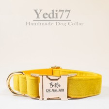 Personalized Designer Dog Collar Yellow Velvet Custom Engraved Adjustable