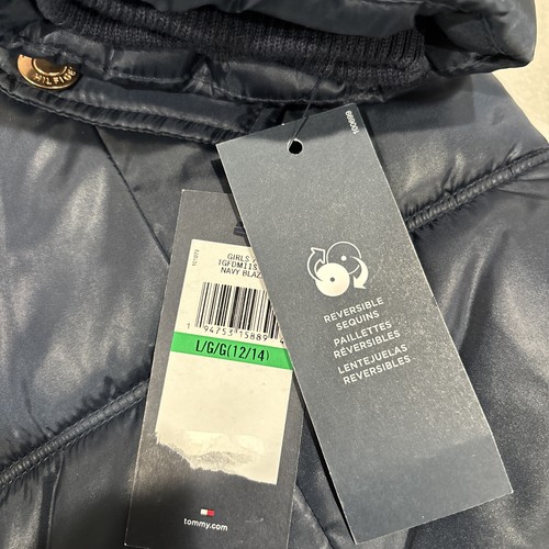 Tommy Hilfiger Girls Navy Long Faux Fur Trim Zip Hooded Puffer Jacket NWT Large - Picture 6 of 7