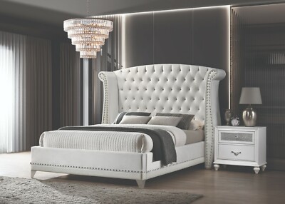 Queen Size Upholstered Bed Tufted Headboard White Velvet Coaster Barzini 300843Q
