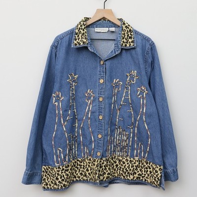 Dressbarn Woman Vintage Giraffe Embroidered Denim Shirt Leopard Trim Size 22/24
