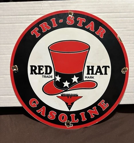 Vintage  Tri-star Gasoline Red Hat Porcelain Sign. 11 3/4” Diameter.