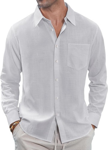 Linen Button Down Shirt for Men - Summer Casual Long Sleeve with Chest Pocket - Picture 12 of 50