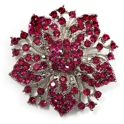 Magenta Kristall Viktorianischer Stil Corsage Blume Brosche in Silber Ton - 55 mm D