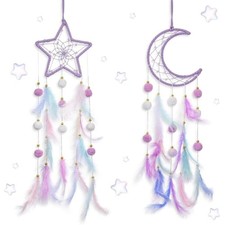 2 Pc Purple Dream Catcher Wall Hanging Set Moon Star Feather Bedroom Decor Gift