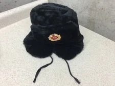 Russian Made Ushanka Faux Fur Hat Black USSR Soviet Army Badge Ear Flap Cossack