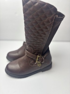 Girls 1 Brown Half Quilted Knee High Riding Boots with Buckle, Some Heel, Zip Up