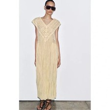 NWT ZARA Embroidered Pleated Dress Butter Yellow Size M