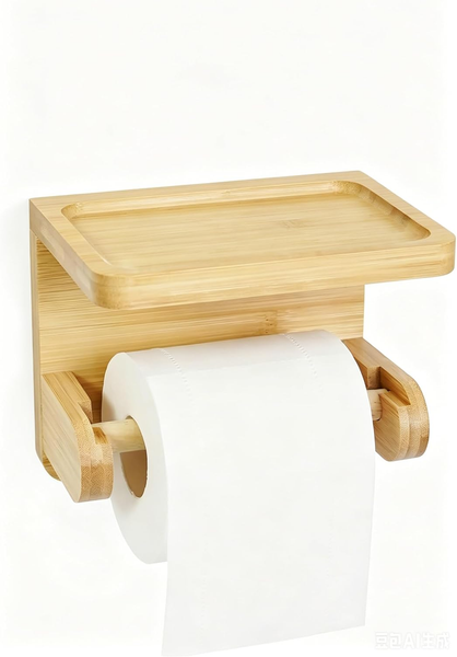 Toilettenpapierhalter Klopapierhalter Bambus Ohne Bohren Mit Ablage WC Bad-image