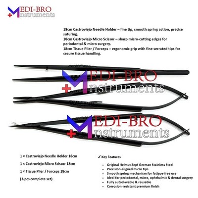 Helmut Zepf Castroviejo Micro Surgical Set 18cm  Needle Holder, Scissors & Plier