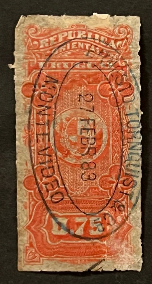 Sellos de viaje: estampillas de ingresos de Uruguay de 1800 usadas en papel Pelure estampadas a mano Foto 2 de 4