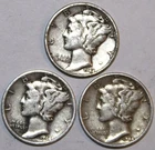 (3) Mercury Dimes - VF/XF - 1944D 1944P 1944S - #1407ED FREE SHIPPING