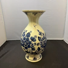 Vintage 11” Blauw Delft Rose Floral Vase Ceramic Porcelain Hand Painted 1972