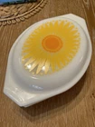Vintage PYREX 043 1 -1/2 Qt. Orange Oval Casserole Dish with Sunflower Lid  GUC