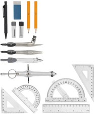 Geometry Drafting Set, 15 Pcs, Compass, Protractor, Ruler, , Black