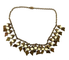 Vintage Art Nouveau Necklace Leaf w/ White Beads on Copper Chain ~16"