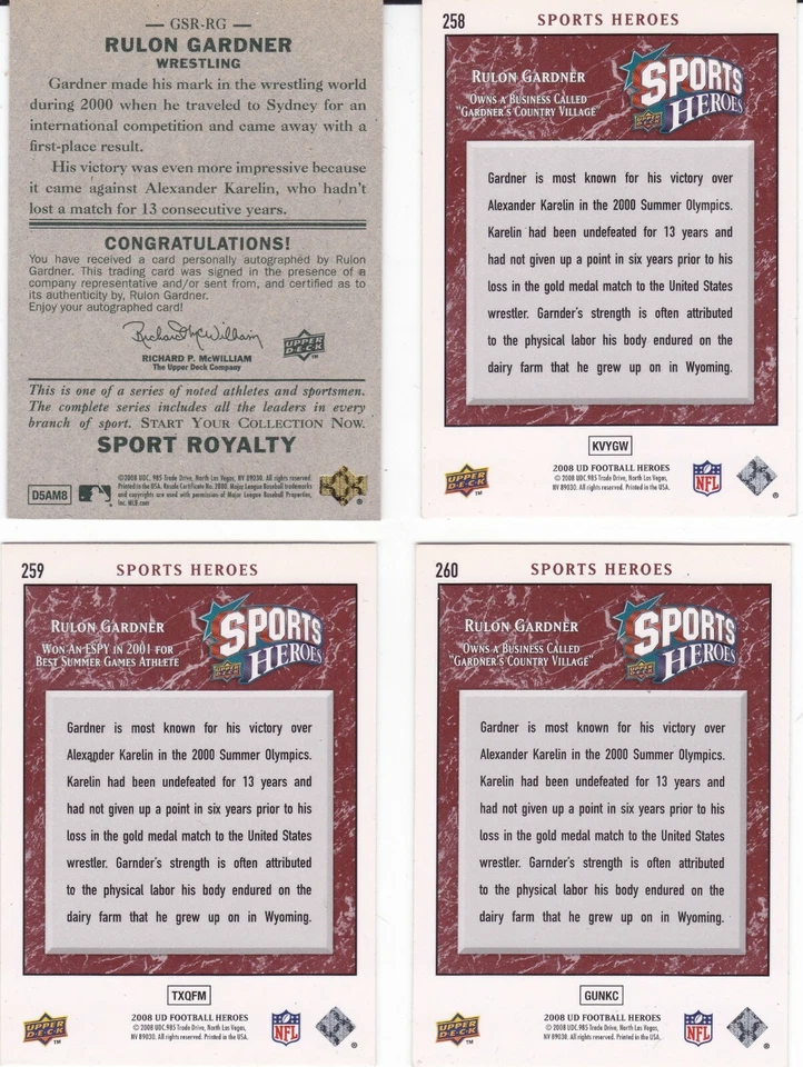 RULON GARDNER - 2008 Upper Deck Goudey Sports Royalty Autograph Card Lot (4) - Image 2 of 4