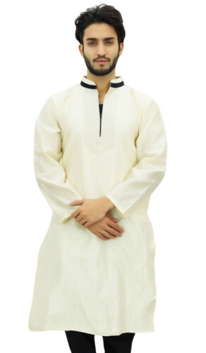 Atasi Designer Men's White Party Wear Kurta Pyjama Set Long Dupion-VqC - Afbeelding 1 van 40
